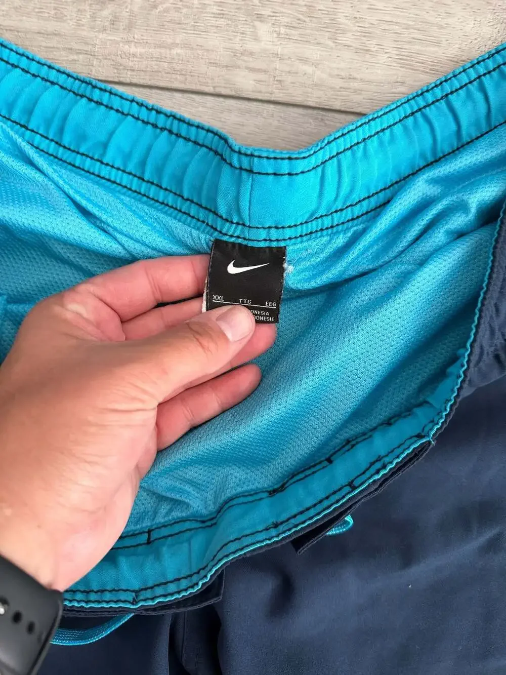 Nike Navy Blue and Turquoise Swim Trunks with Drawstring and Lined Pockets